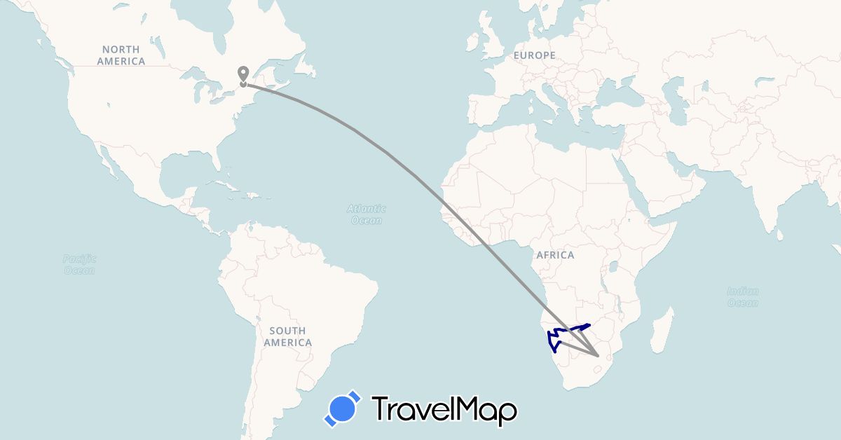 TravelMap itinerary: driving, plane in Botswana, Canada, Namibia, South Africa, Zimbabwe (Africa, North America)